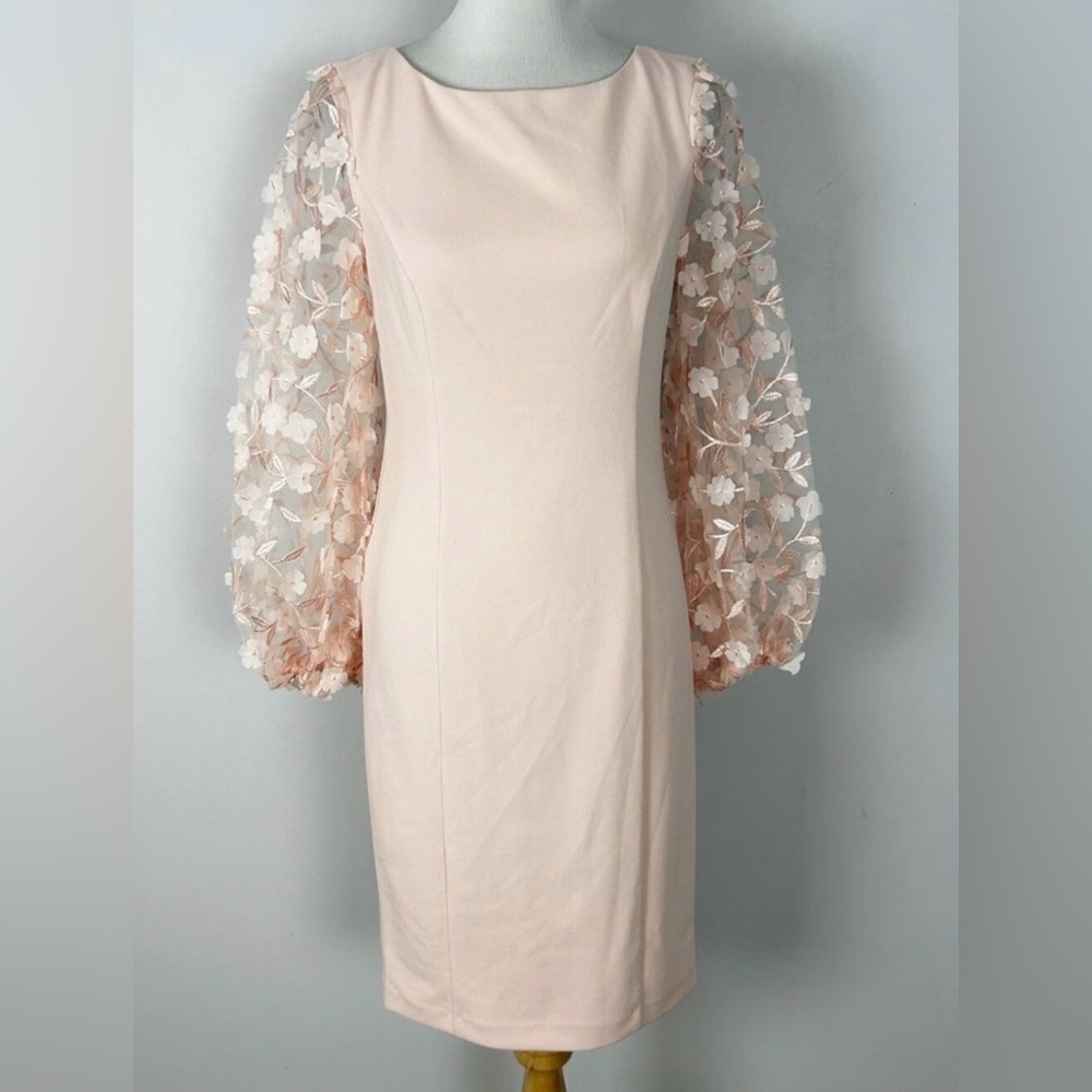 Eliza J Ballet Pink Sheath Dress 3D Textured Floral Balloon Sleeve Size 8 Women'